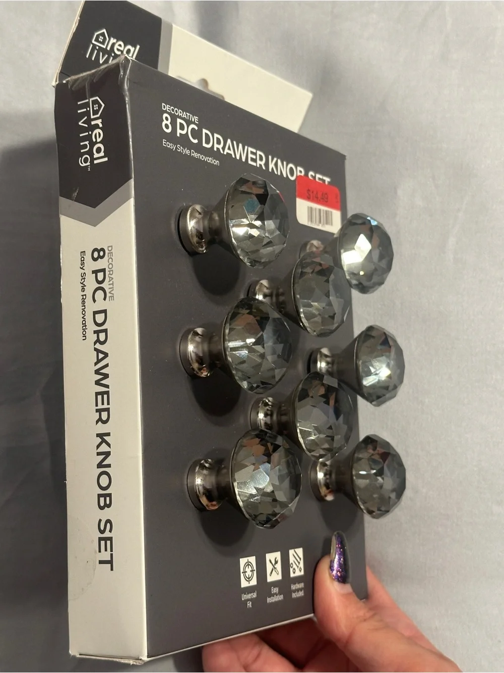 Real Living Decorative Crystal-Style Drawer & Cabinet Knobs (8-Pack) - Gray